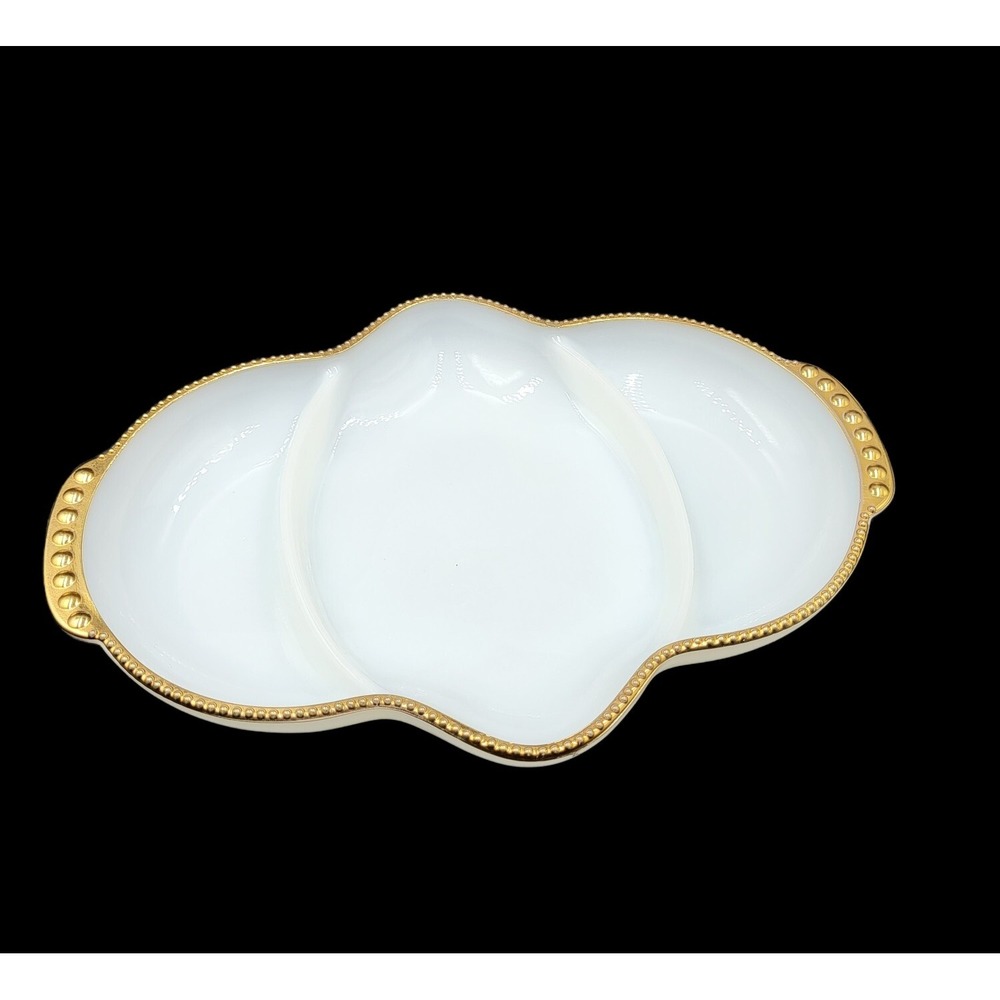 Fire King Anchor Hocking Milk Glass Divided Bright White Dish Gilded Gold Trim